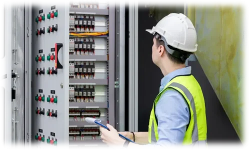 Industrial automation engineer performing PLC fault finding and site support at control panel