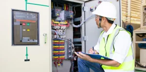 Engineer troubleshooting PLC programming in industrial automation system