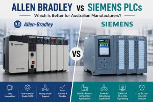 Allen Bradley vs Siemens PLC comparison featuring ControlLogix and SIMATIC automation systems for industrial manufacturing and PLC programming applications in Australia.