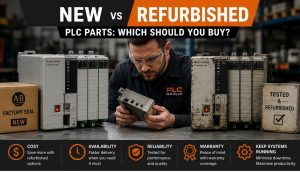 New and refurbished PLC parts displayed side by side with an engineer inspecting industrial automation components.