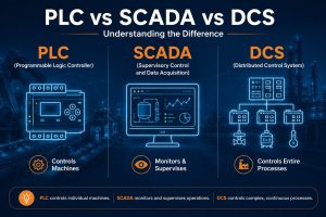 Comparison infographic of PLC, SCADA and DCS technologies used in industrial automation, highlighting machine control, monitoring and distributed process control.